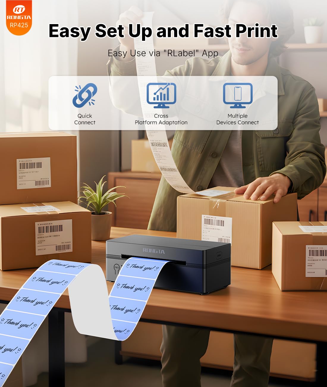 Rongta Bluetooth Thermal Shipping Label Printer, Wireless 4x6 Label Printer for Shipping Packages&Small Business, Compatible Windows/Mac/Android/iOS