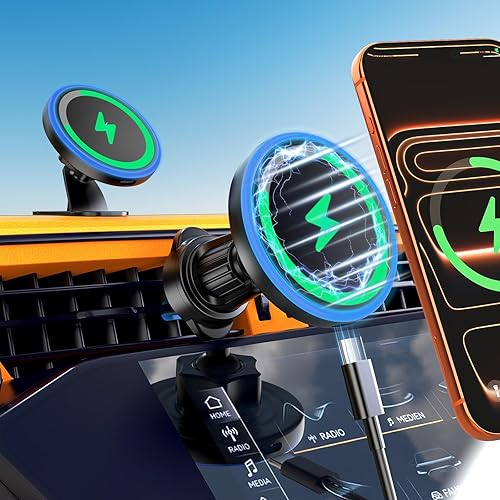 MagSafe Car Mount Charger, 3 in 1 [LED RGB HandsFree] Wireless Car Charger, Magnetic Phone Holders for Your Car- Fast Charging Car MagSafe Charger