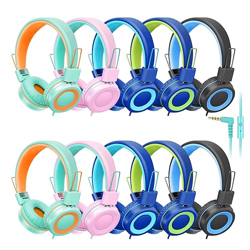 CN-Outlet 10 Pack Classroom Headphones Bulk for K-12 School Kids, Class Set Headphones for Students Teens Library Computer Testing Centers (Mixed…