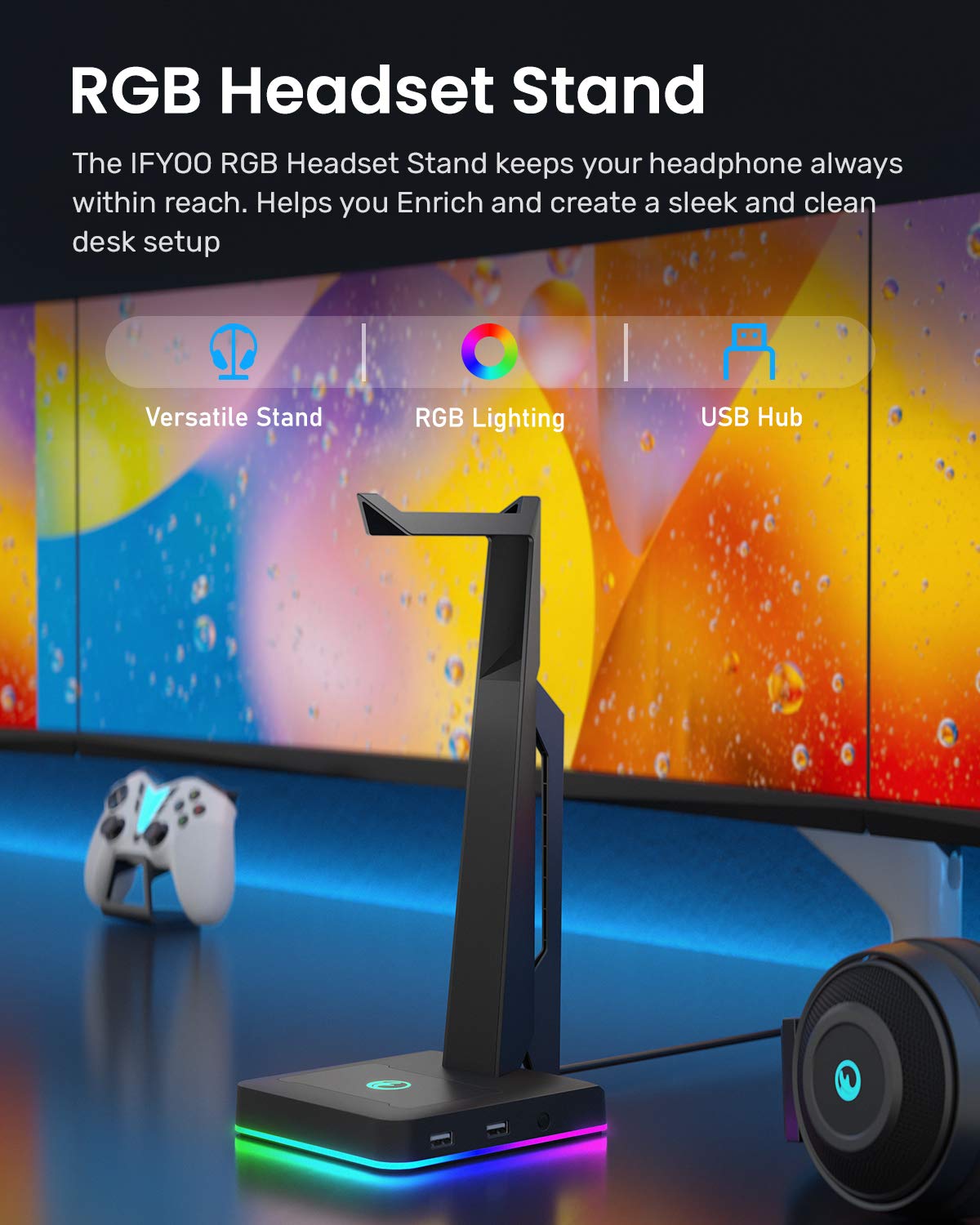 IFYOO RGB Gaming Headset Stand with 2 USB Ports, Game Headphone Mount for PC, Xbox One, PS4, Switch, Earphone Holder Hanger, Great for Gaming