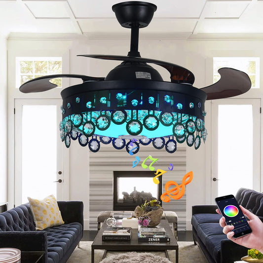 FANEPRO 42" Retractable Ceiling Fan with Lights Remote Control, Black Crystal Fandelier Smart 7 Color Dimmable LED Chandelier with Bluetooth Speaker