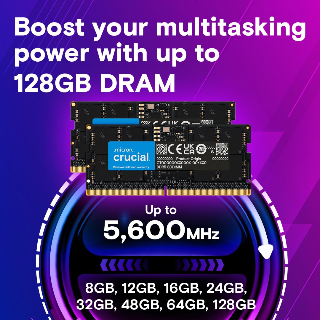 Crucial 16GB DDR5 RAM, 5600MHz (or 5200MHz or 4800MHz) Laptop Memory, SODIMM 262-Pin, Compatible with 13th Gen Intel Core and AMD Ryzen 7000