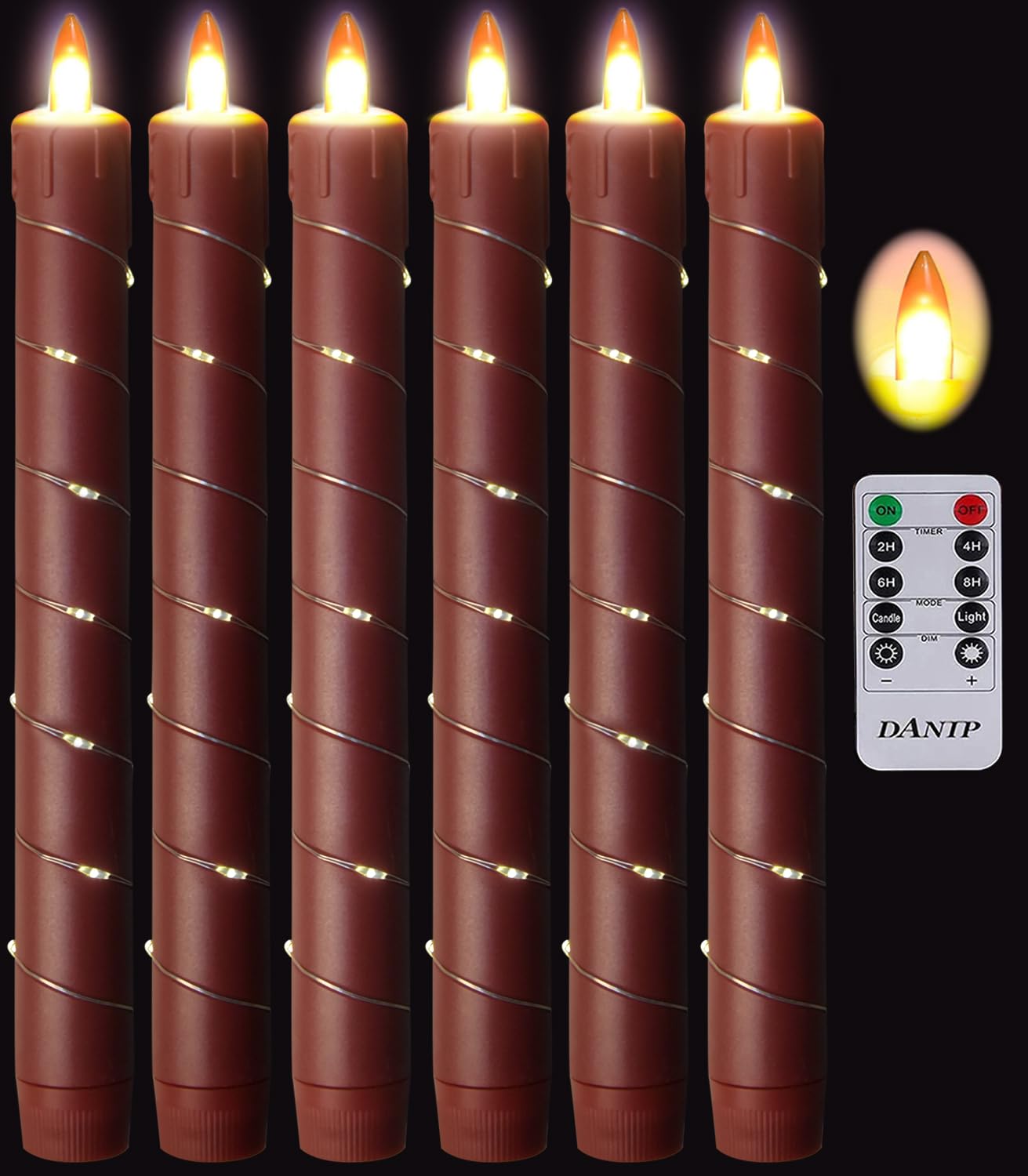 Danip Christmas red flameless Candle with String Light Window Candles with Remote Timer Battery Operated Taper Candle LED Pillar Candles Set of 6