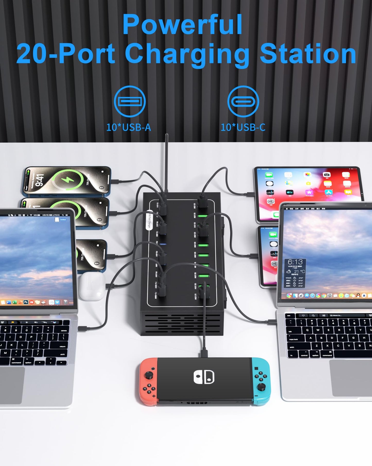 690W USB Charging Station, 20 Port Fast Charging Station for Multiple Devices, PD 100W USB C Charger Block, Smart Power Delivery & Multi Protection