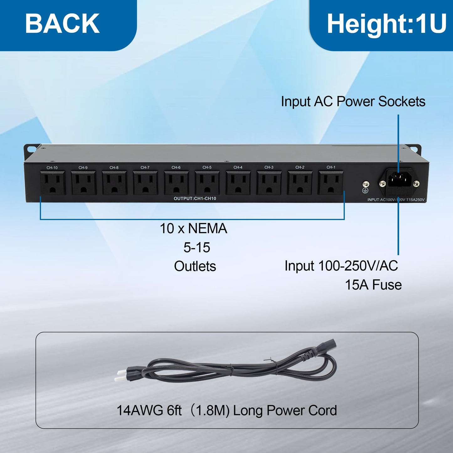 ThePoEstore 10 Outlets 1U Horizontal PDU Network Rackmount Power Strip with Surge Protector, (SPD-10KA) 100-240V,15A 3600 Joules, w/10 LED Switches