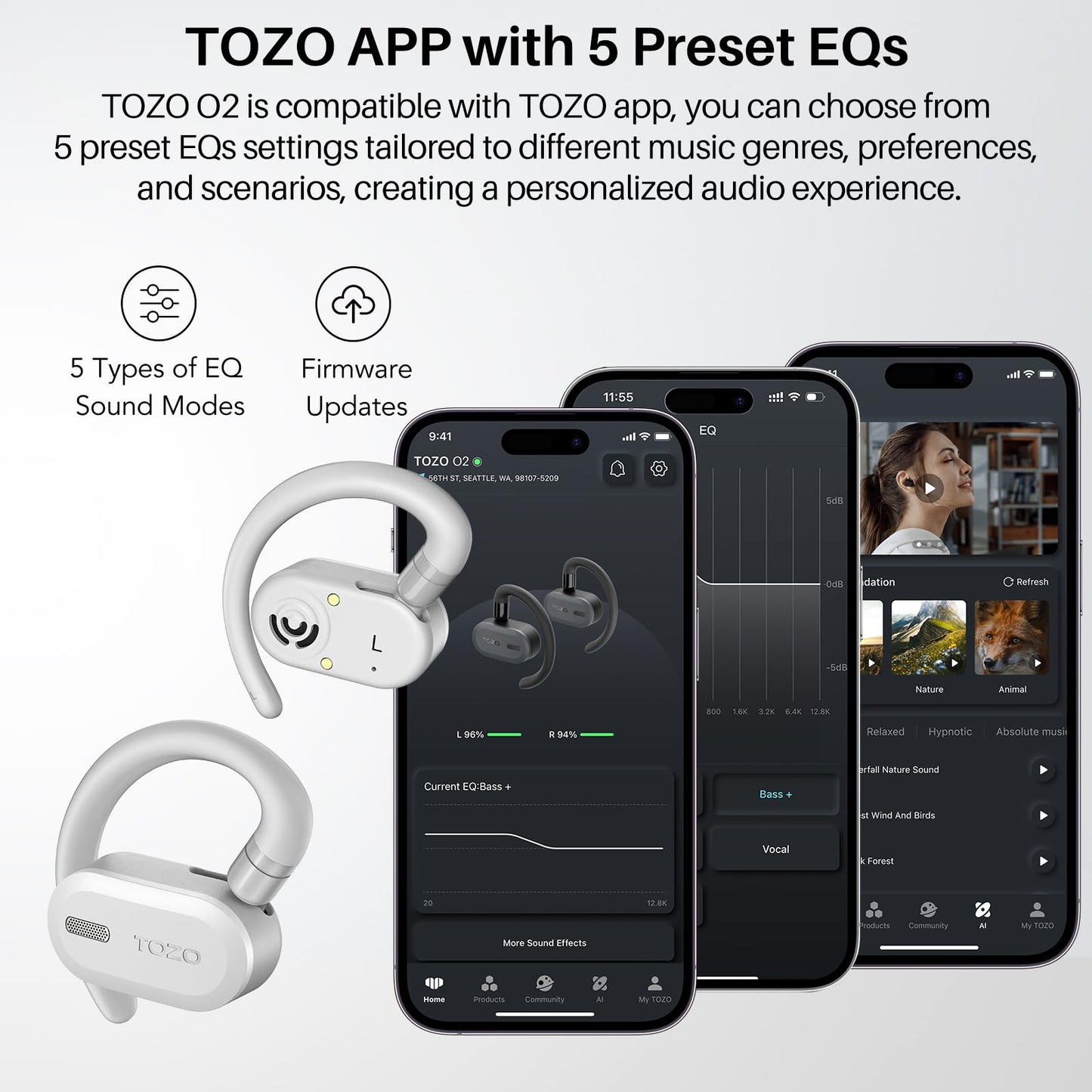 TOZO O2 Open Ear Wireless Earbuds,Multi-Angle Adjust 42H Bluetooth 5.3