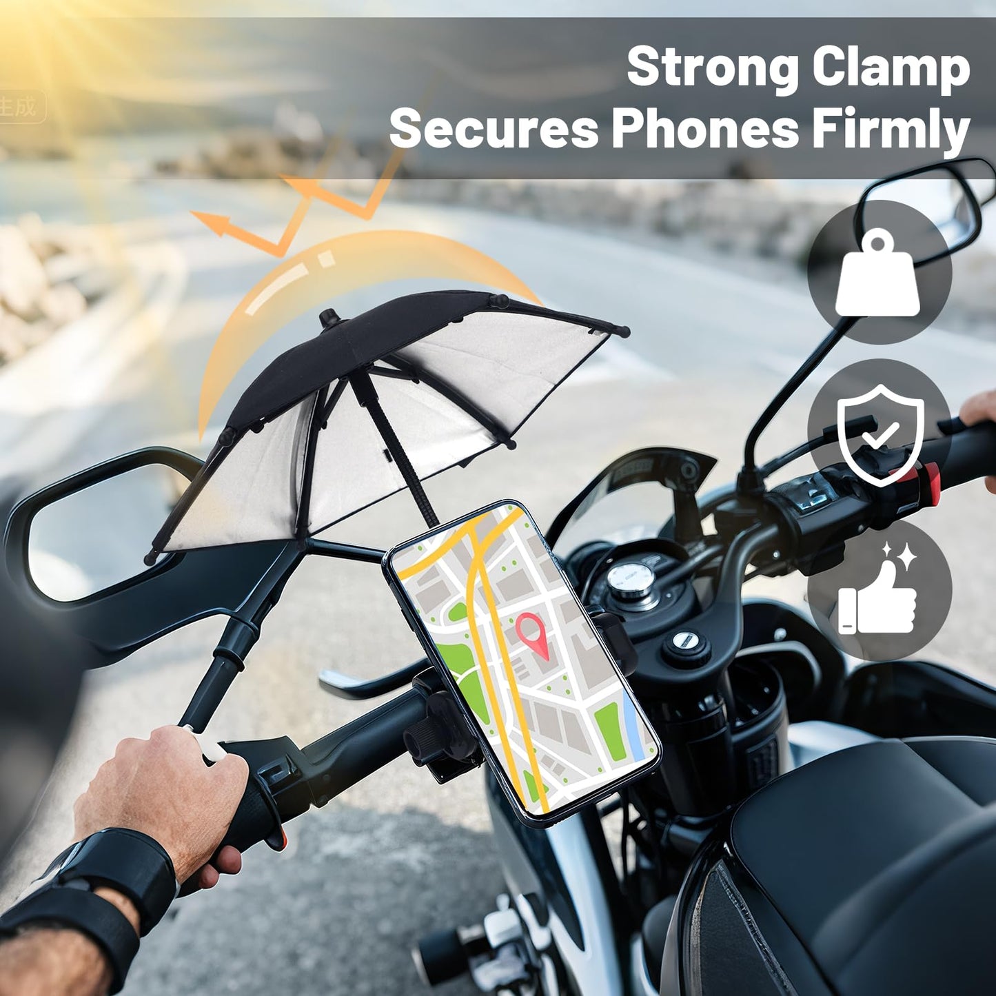 Fixed Clip-on Phone Umbrella for Sun with Flexible Adjustable Handle, Mini Strong Clip Cell Phone Umbrellas Sun Shade Anti Sunlight and Glare fits
