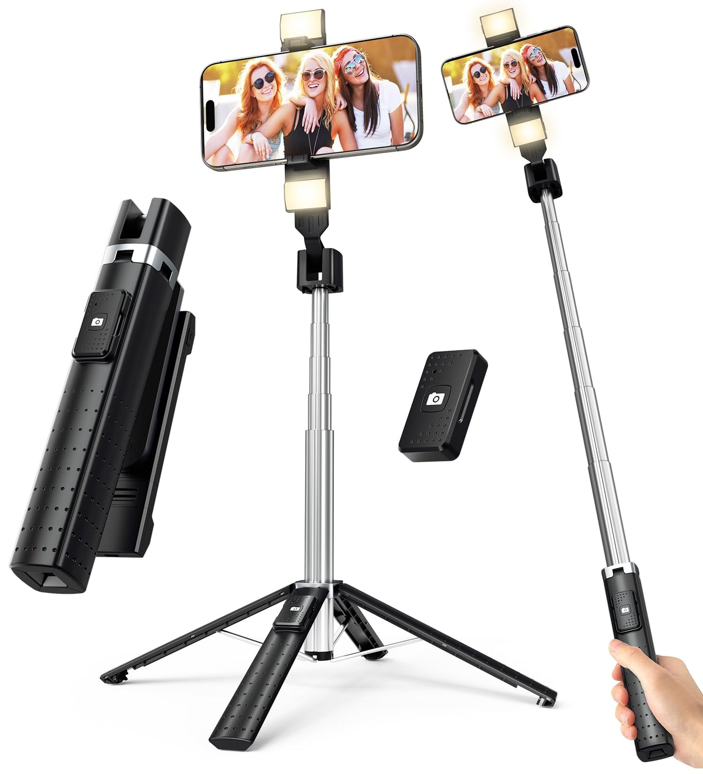 Selfie Stick Tripod for iPhone & Android, Phone Tripod Stand with Wireless Remote, 41" Extendable, 2 Rechargeable LED Fill Lights, Stainless Steel, 3