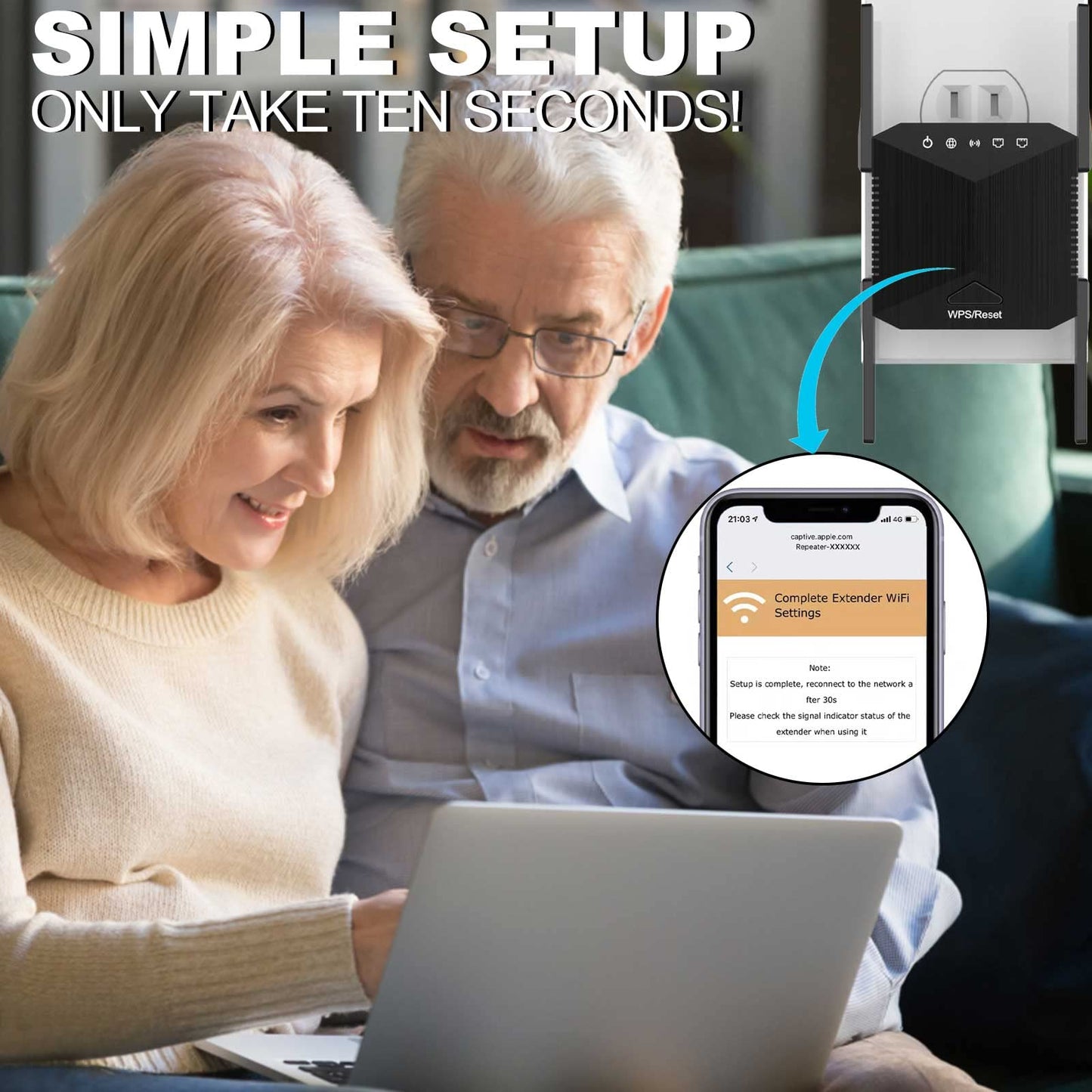 WiFi Extender Signal Booster with Ethernet Port WiFi Repeater Covers up to 3000 sq.ft and 30+ Devices, 1-Tap Setup, Supports Access Point, Alexa