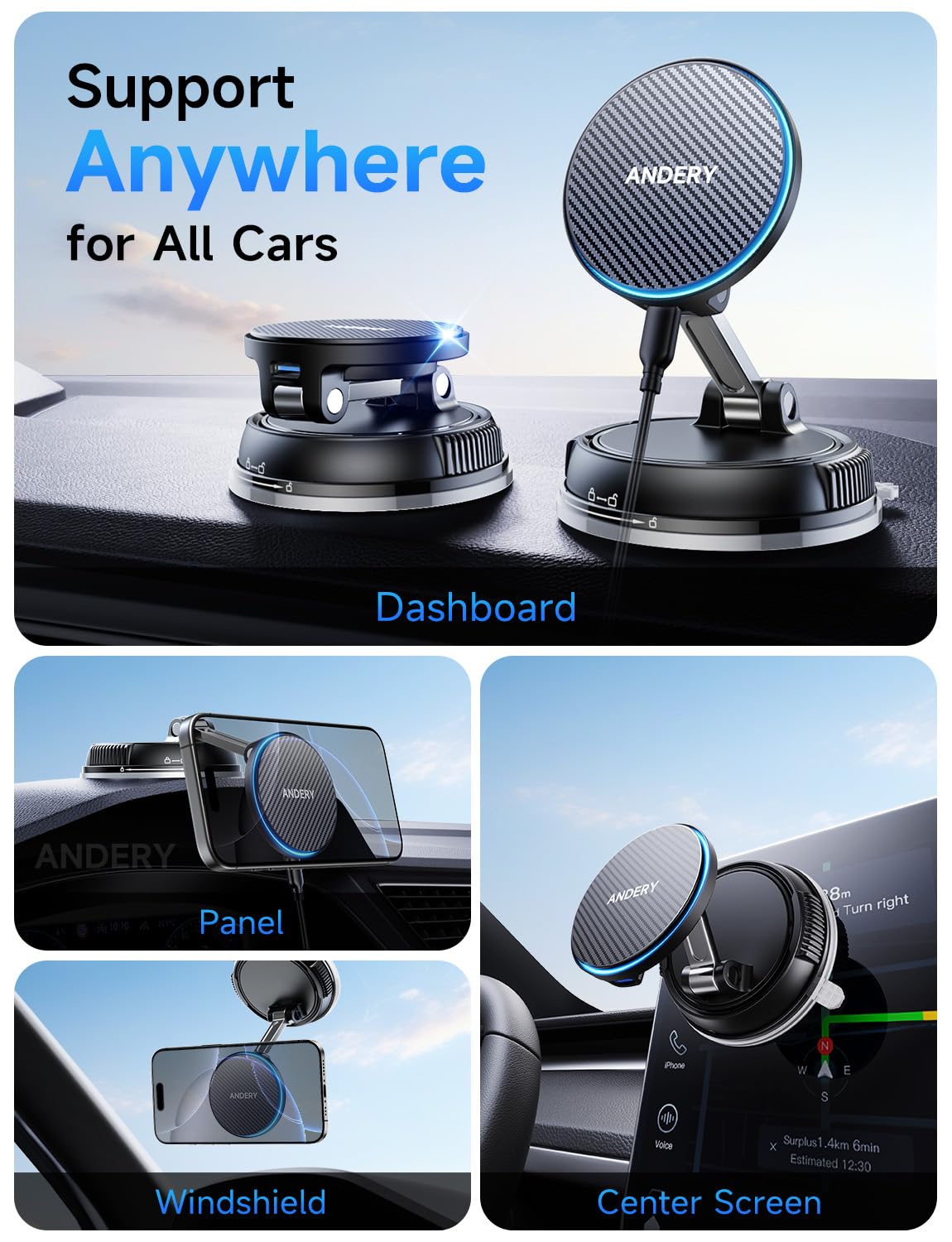ANDERY Only for iPhone MagSafe Car Mount Charger [15W Fast Wireless Charging, 78+LBS Suction, 2400gf Magnetic] 360° Adjustable Car Phone Holder, Phone