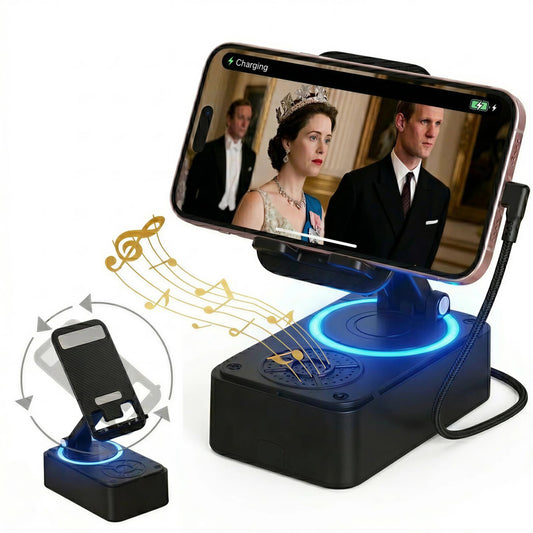 Cell Phone Stand with Wireless Bluetooth Speaker Equipped with Non-Slip Base and Convenient Charging Port with HD Surround Sound, Suitable for Home