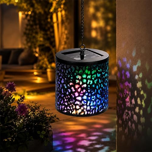 Hanging Solar Lights Outdoor Waterproof: RGB Hanging Lights with S Hooks Decor Iron Art Outdoor Solar Lantern in Garden, Pathway,Yard, Front Door