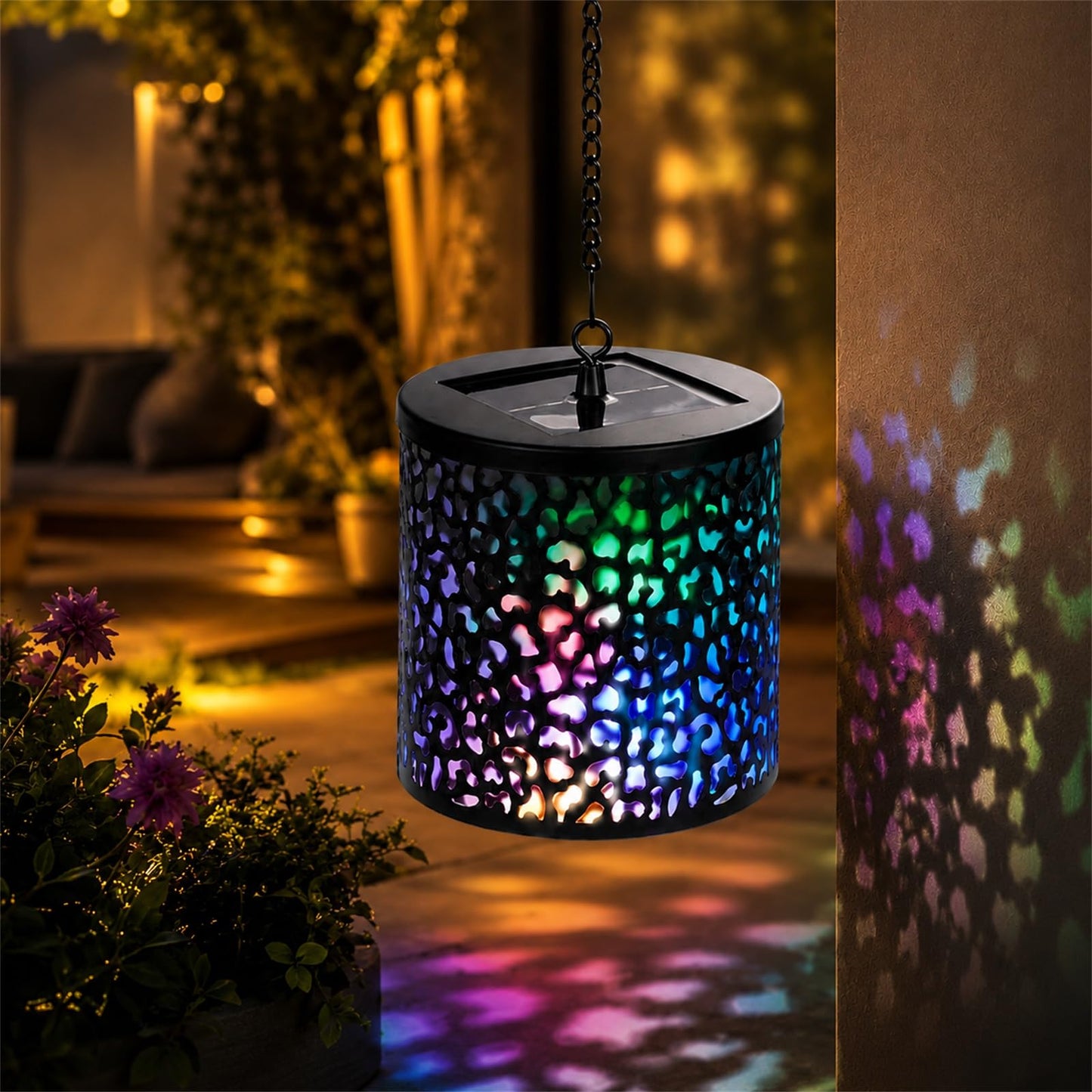 Hanging Solar Lights Outdoor Waterproof: RGB Hanging Lights with S Hooks Decor Iron Art Outdoor Solar Lantern in Garden, Pathway,Yard, Front Door
