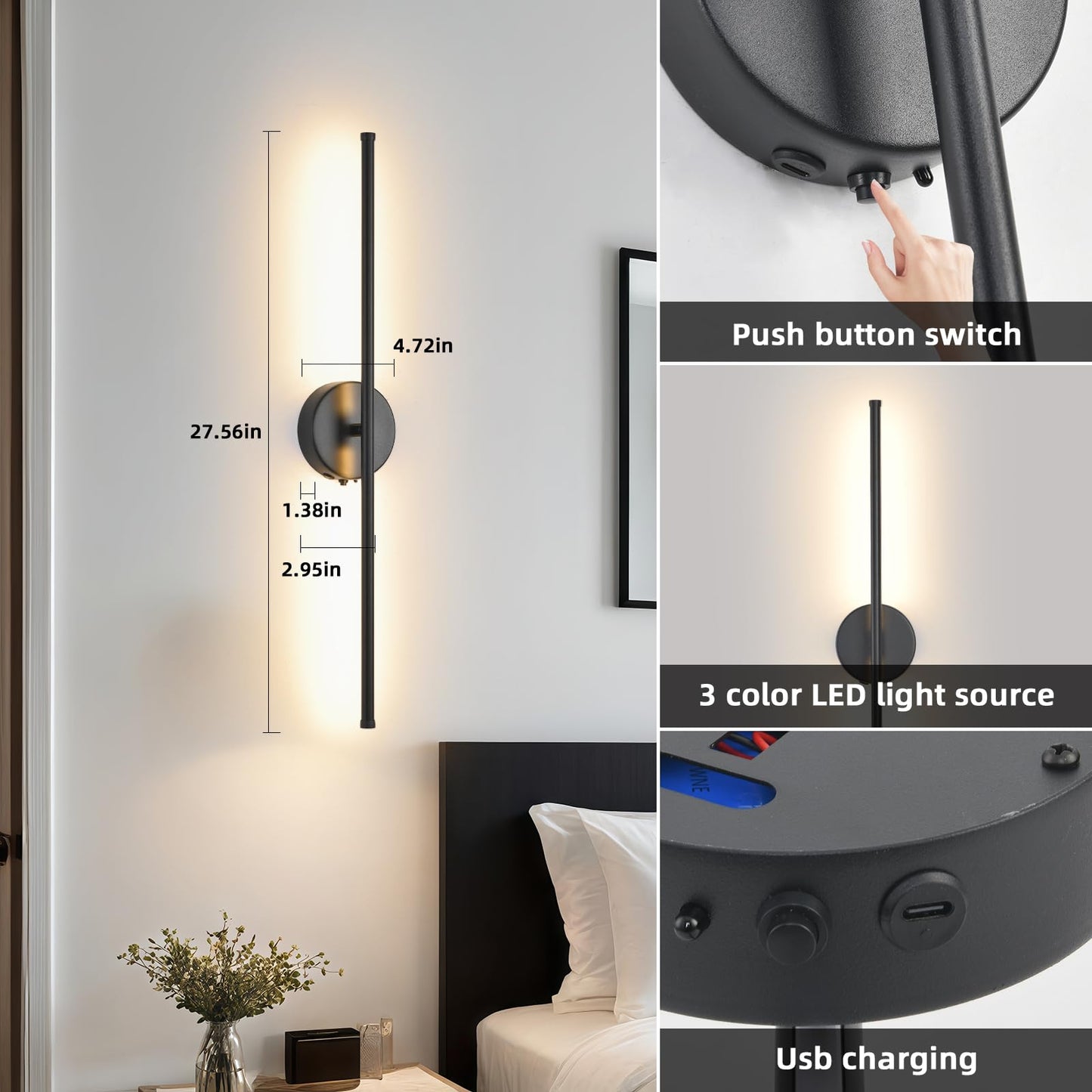 Povectolay Wall Sconces Battery Operated Set of 2, Black LED Wireless Wall Sconce with Remote Control 350° Rotating, 27.6 Inch Dimmable USB