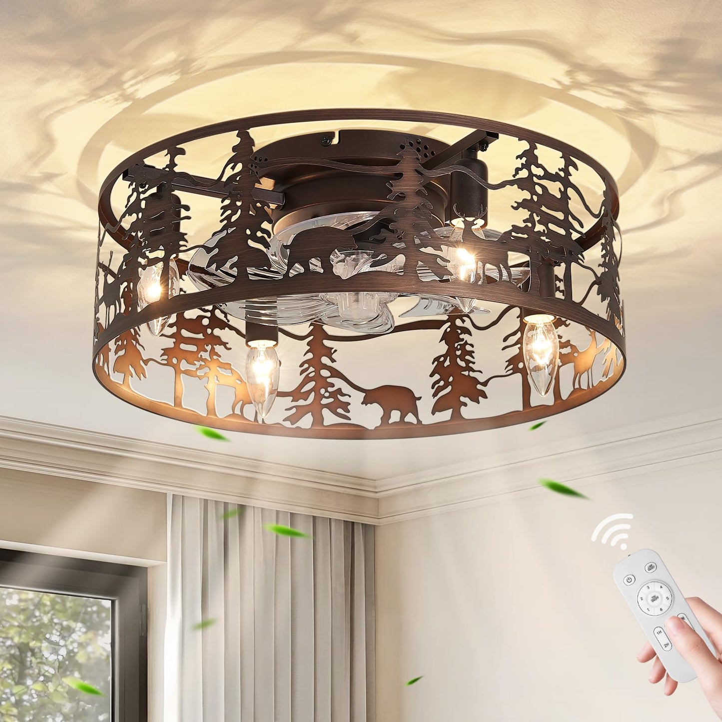 Merexcint Flush Mount Ceiling Fan, Rustic Low Profile Fandelier with Deer