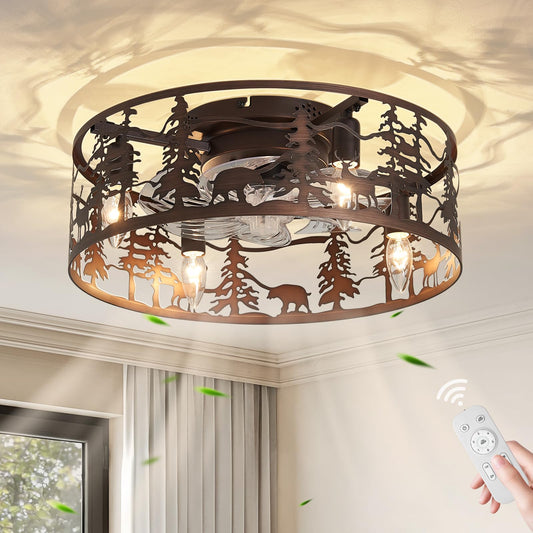 Merexcint Flush Mount Ceiling Fan, Rustic Low Profile Fandelier with Deer