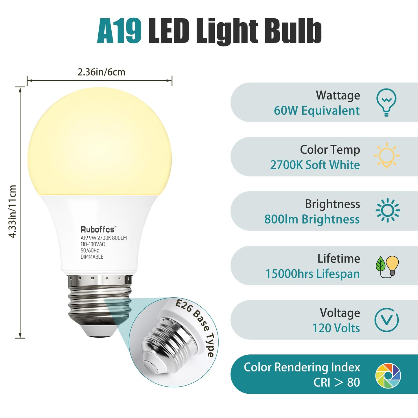 Ruboffcs A19 LED Light Bulbs,Soft White 2700K,60 Watt Equivalent,4-Packs