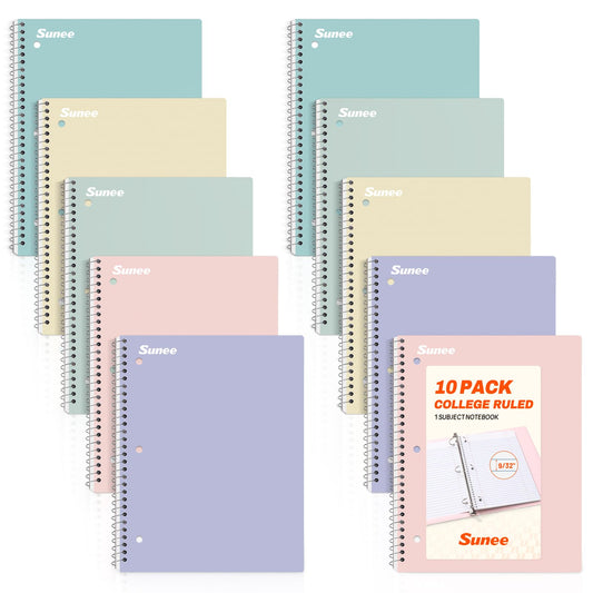 SUNEE Spiral Notebooks, 1-Subject, 10 Pack, College Ruled Paper, 8" x 10-1/2", 70 Sheets per Notebook,3-Hole Punched Paper, Pink,Purple, Blue, Green