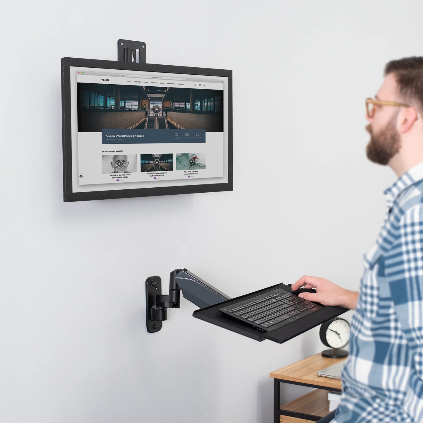 VIVO Sit-Stand 17 to 32 inch Single Monitor Wall Mount with Pneumatic Arm Keyboard Tray Combo, Height Adjustable, Max VESA 100x100mm, Black