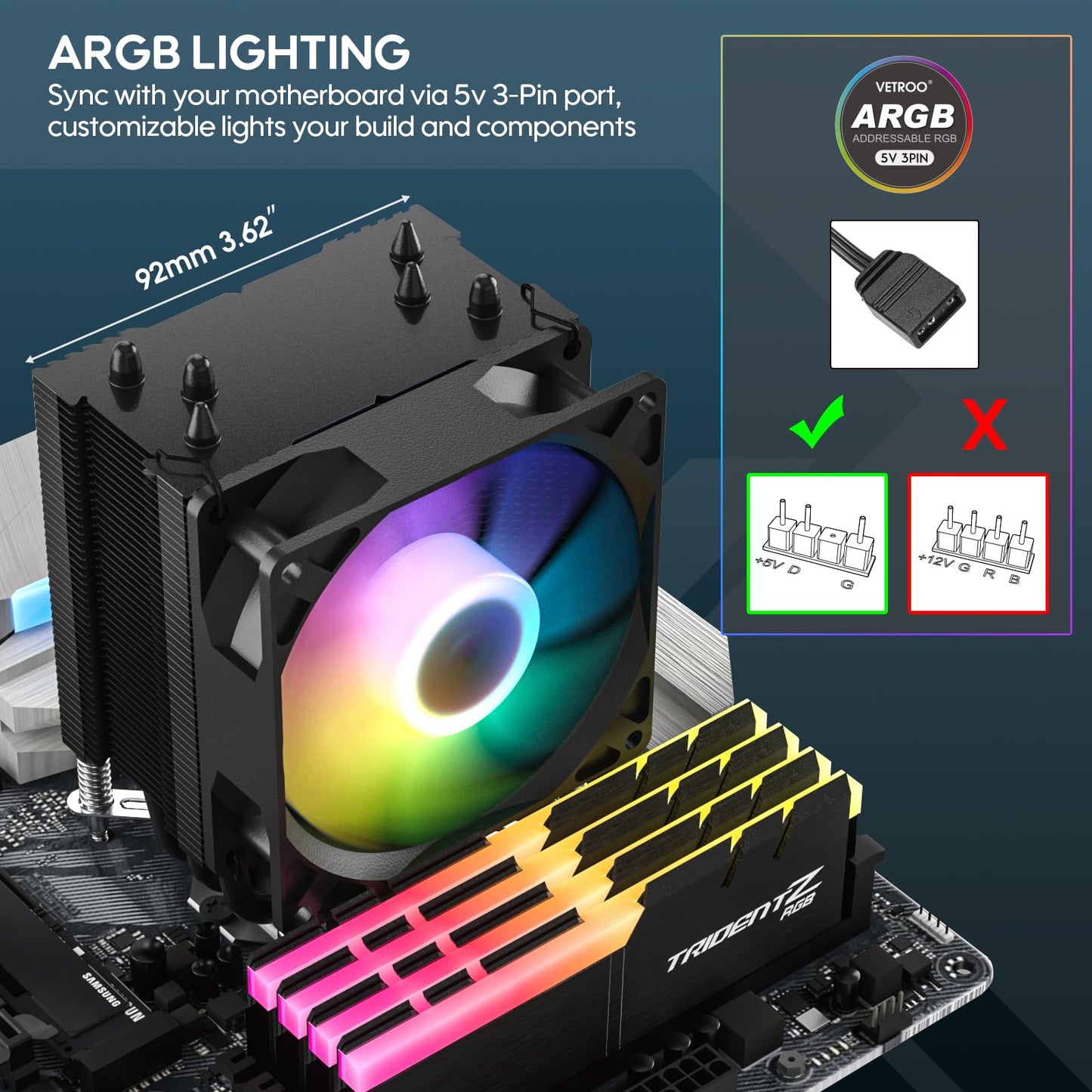 Vetroo V3 CPU Air Cooler w/ARGB Lighting and PWM Smart Control - Compact Design with Height of 133mm & 92mm Fan, Direct Heat Pipes, Aluminium Fins