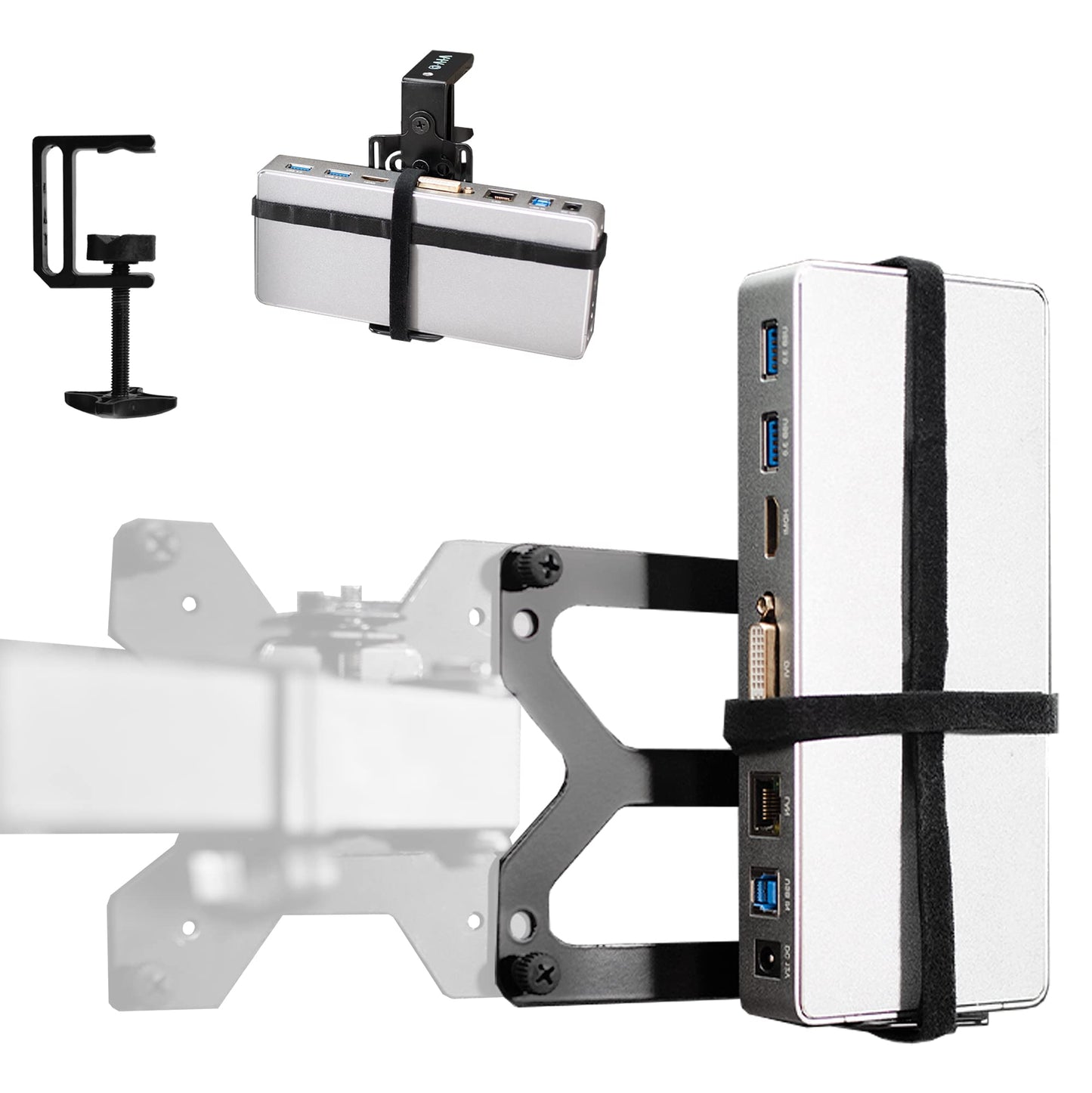 VIVO Universal Docking Station Mount for Workstation, Behind Monitor VESA Mounting, Under Desk Installation, Heavy Duty C-clamp Options, Fits Docking