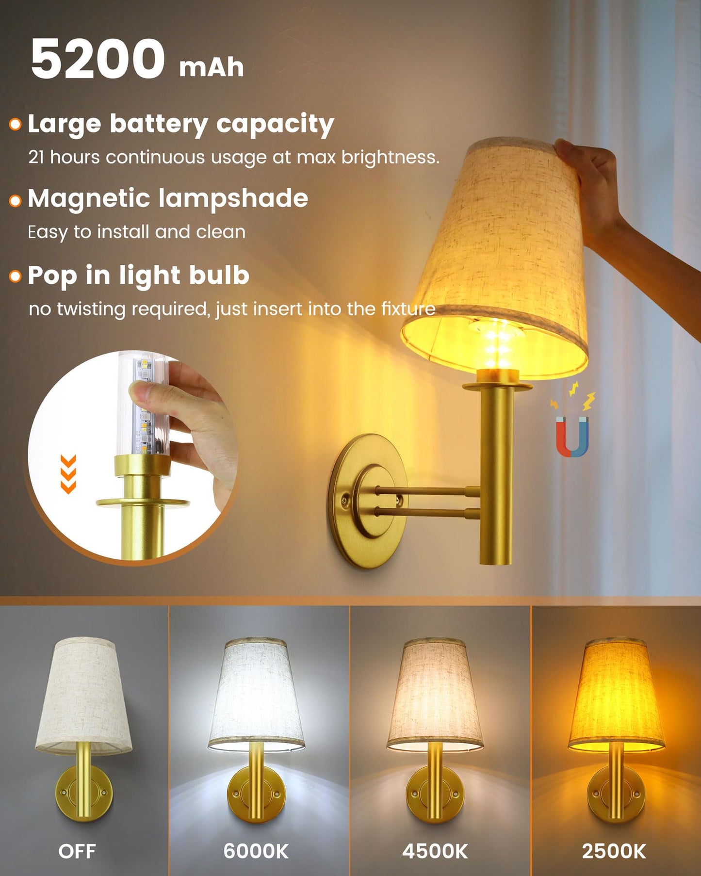 Jantolumi Rechargeable Wall Sconces Gold with Remote Control, 5200mAh Battery Operated Wall Lights, Wireless 16 Colors Timer & Dimmable Battery Wall
