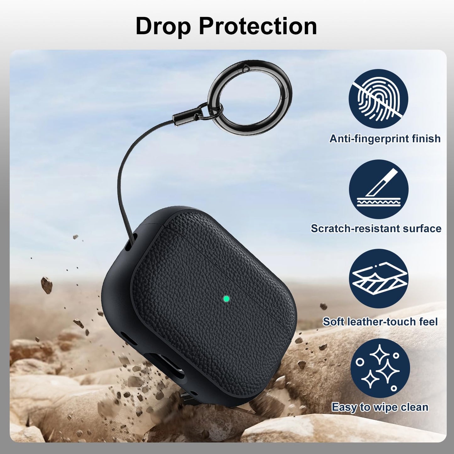 Case for AirPods Pro 3 (2025 Release), Leather-Texture TPU Shockproof Protective Cover with Keychain, Wrist Strap, Front LED Visible - Navy Blue