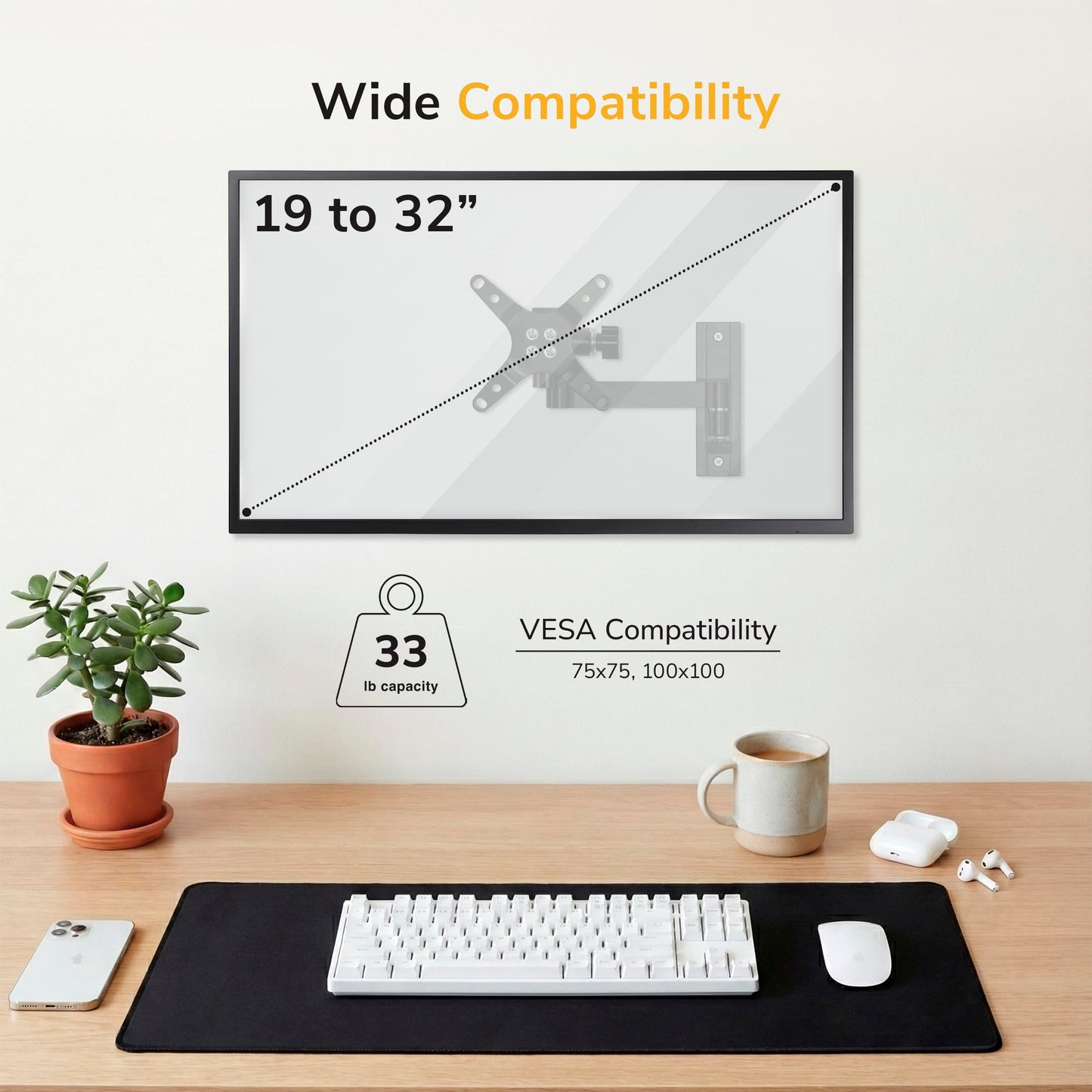 Mount-It! Full Motion Computer Monitor Wall Mount - Adjustable Arm for Home Office, Gaming, Workstations - Fits 19-32” Screens, VESA 75x75 & 100x100