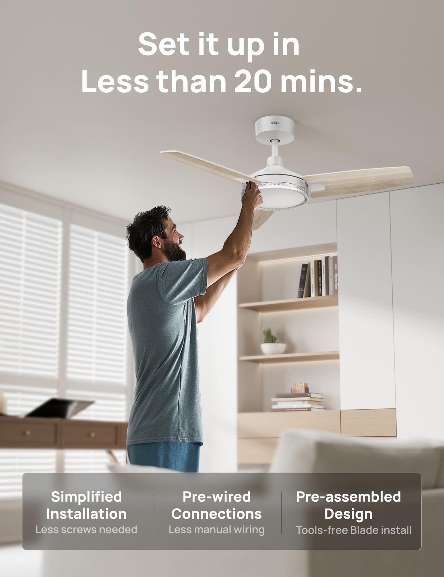 DREO Smart Ceiling Fans with Lights and Remote, 42 Inch Bedroom Ceiling Fan