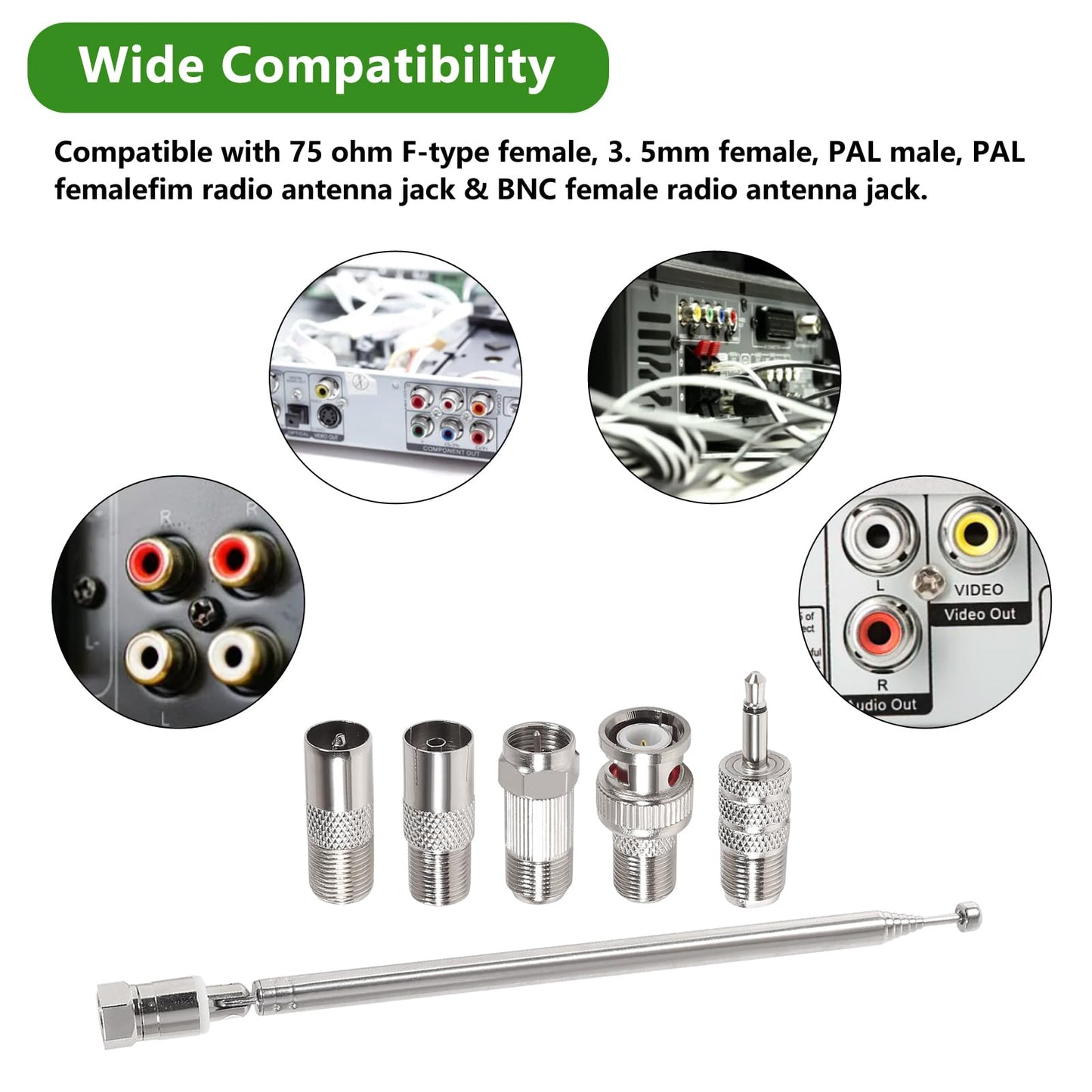 2pcs FM Antenna Telescopic 75 Ohm Screw F Male Plug Antenna with PAL BNC 3.5mm Jack Connector Adapter FM Radio Antenna for AV Stereo Receiver Home