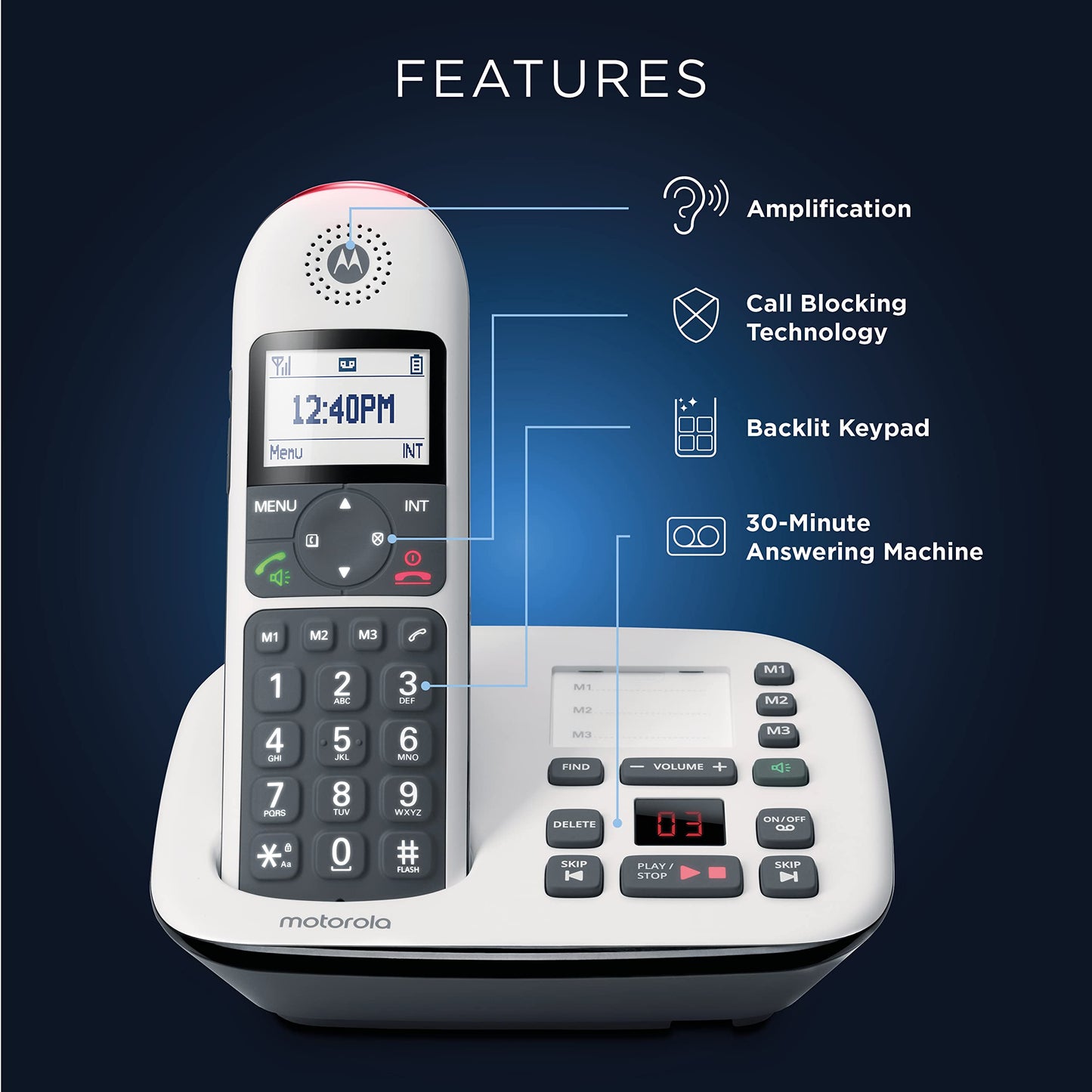Motorola CD5011 Cordless Phone with Answering Machine and 1 Handset | DECT 6.0, Big Buttons, Large Backlit Display, Audio Assist Volume Boost, Call