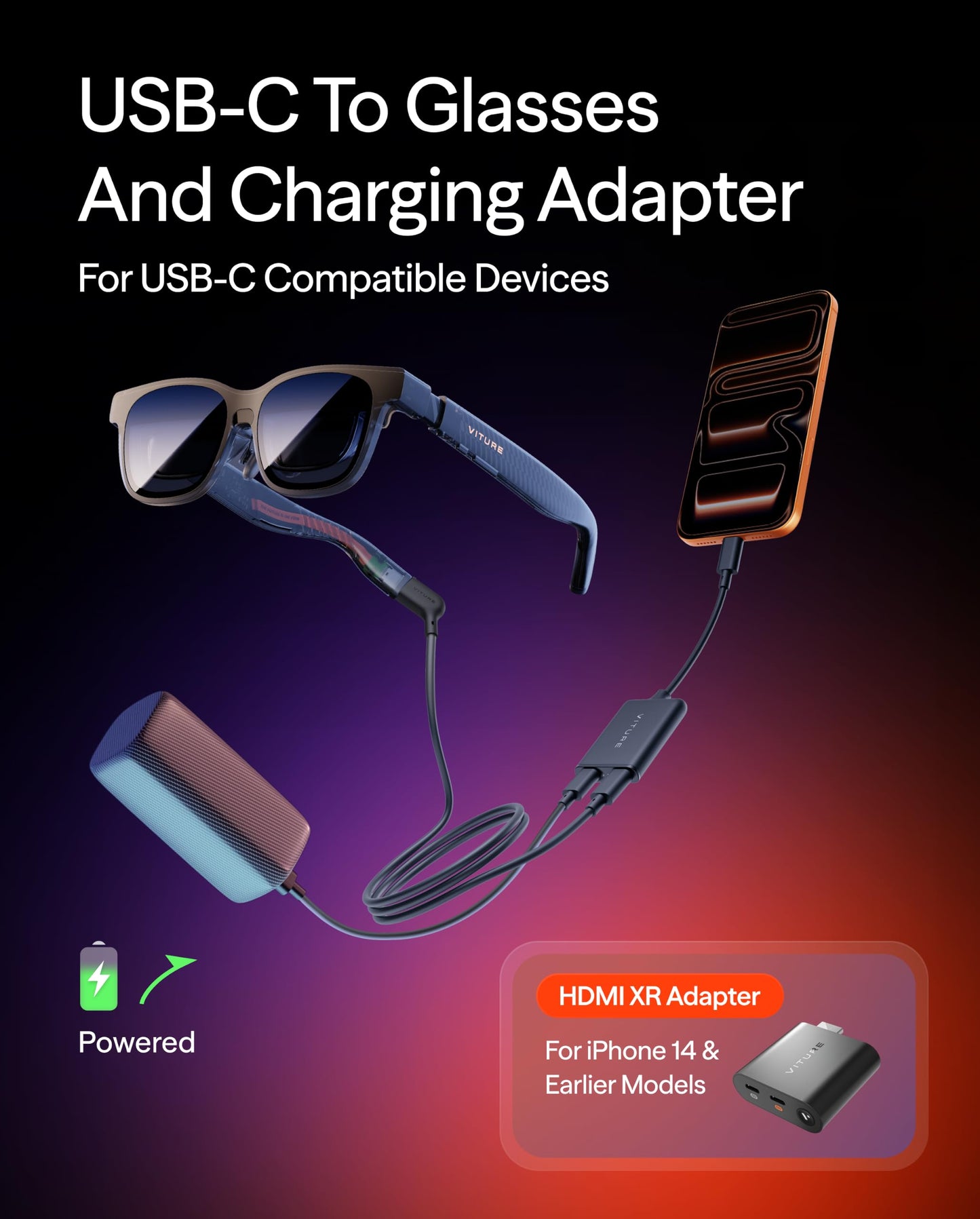 VITURE USB- C Pro XR Charging Adapter for USB-C iPhone, Enabling Multi-Screen, Enhanced 3DoF, Spatial 3D, VR Video Features, Fits iPhone 17/16/15