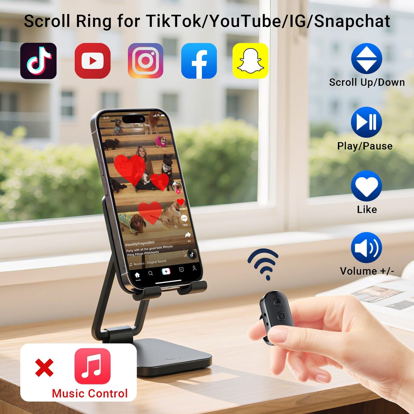 Scrolling Ring Remote for TikTok YouTube IG Shorts Video Landscape Portrait, Fingertip Wireless Scroller Page Turner Clicker for Kindle APP Compatible