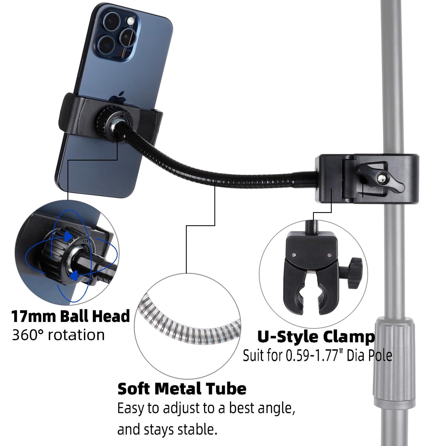 FPN Mic Stand Phone Holder, Flexible Phone Mount with 7.9" Removable Gooseneck for Microphone Music Stand, 360°Adjustable Phone Holder for iPhone 16