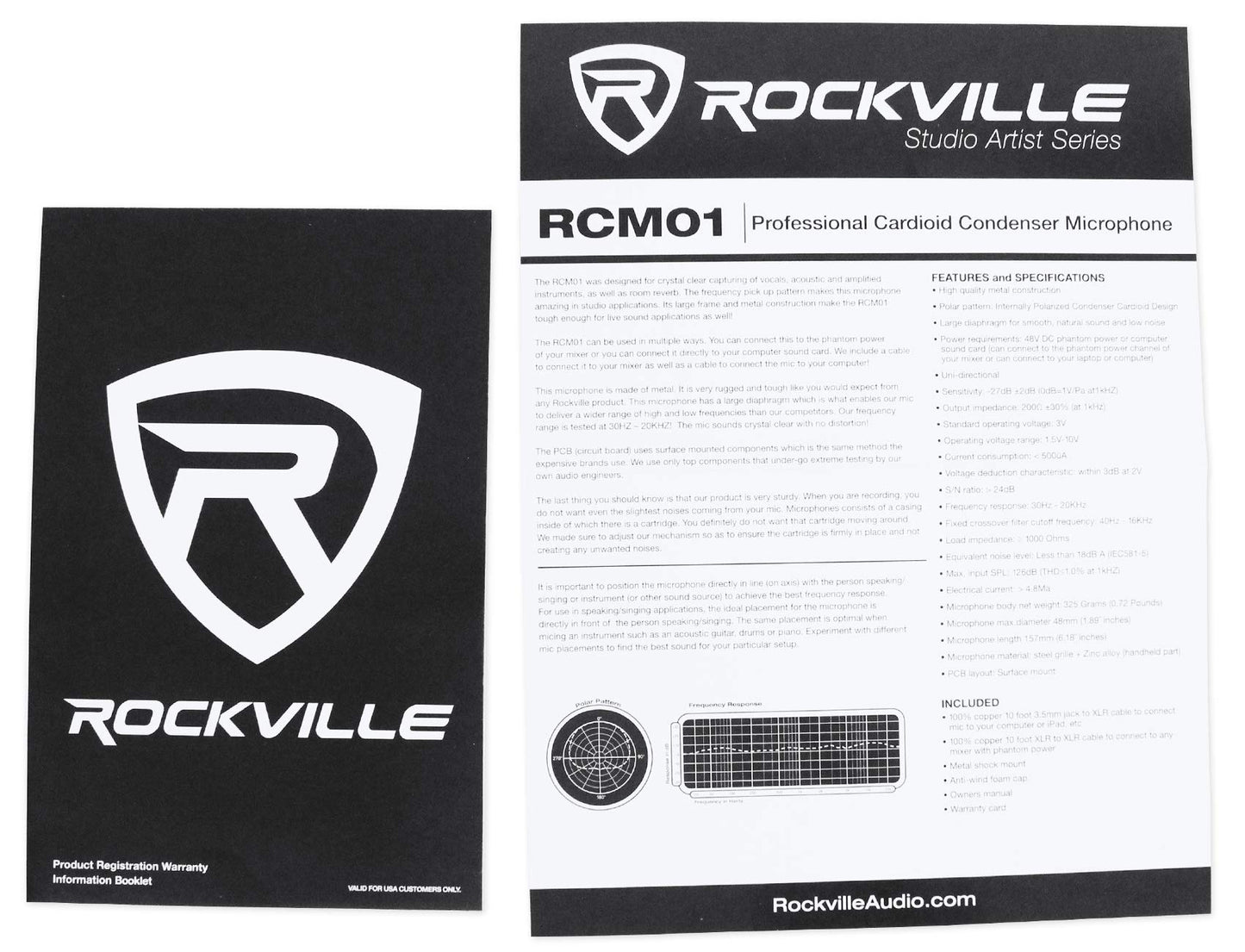Rockville RCM01 Pro Studio Condenser Microphone, 200 Ohm, Cardioid Pattern, Metal Shock Mount, 30Hz-20kHz Frequency, XLR and 3.5mm Cables, for Vocals