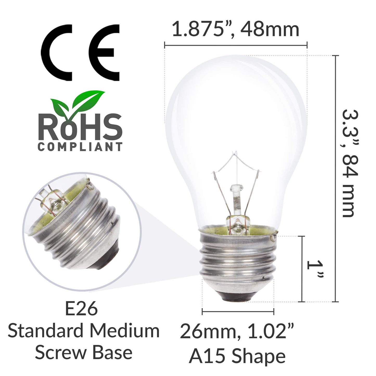 Simba Lighting Incandescent Appliance Light Bulb A15 40W E26 2700K, 6 Pack