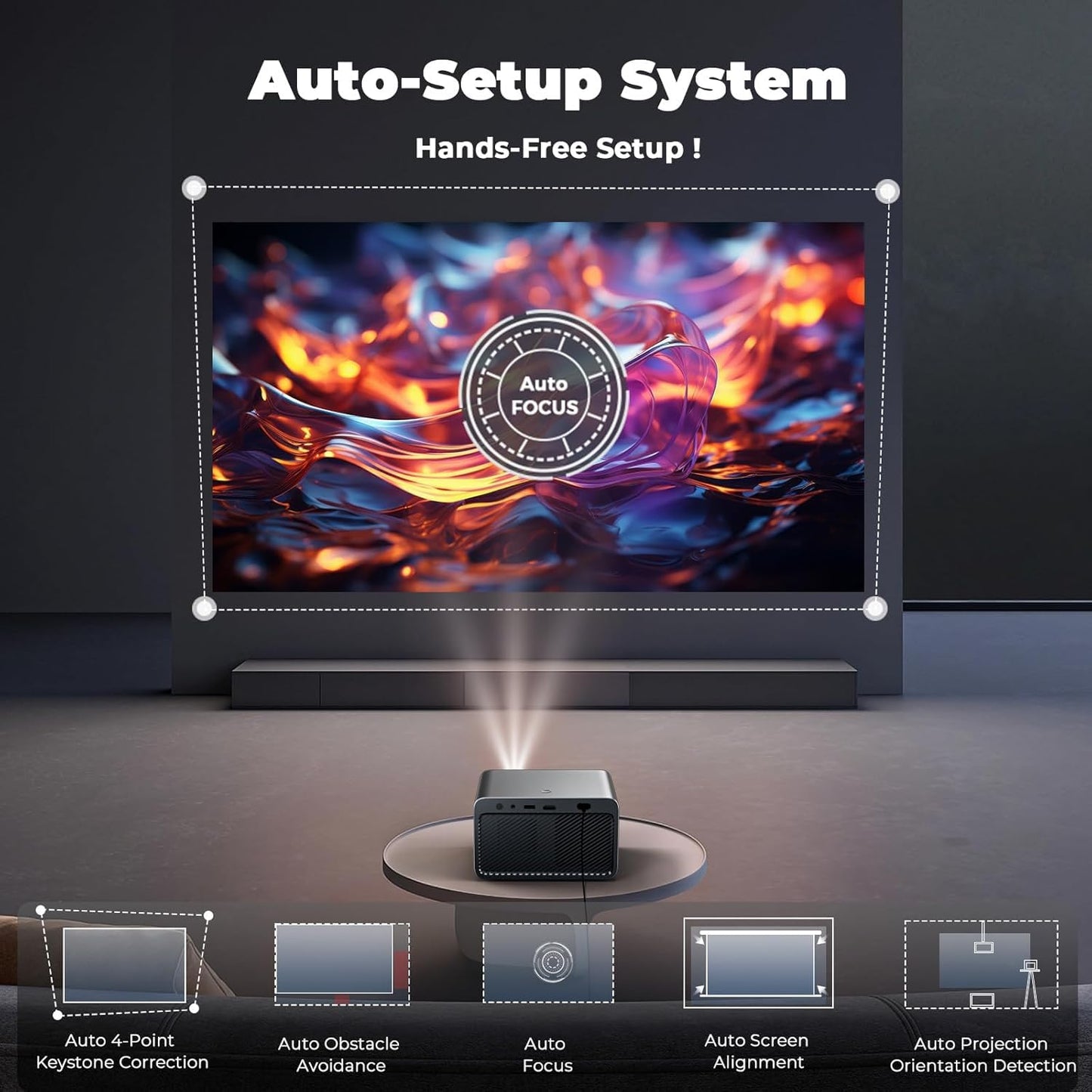 Projector with WiFi and Bluetooth: [1800 ANSI/Ai Auto Focus/800+ Apps/Compatible with Netflix] Outdoor-Projector 4K Support 1080P Smart Live TV Movie