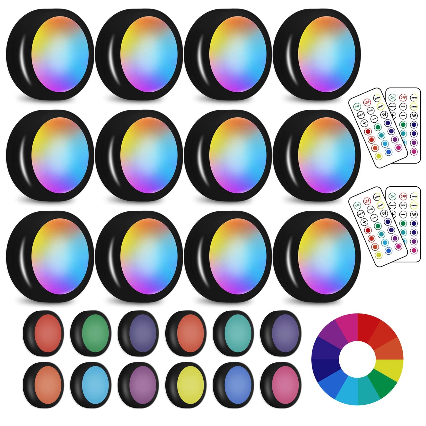 SIXDEFLY LED Puck Lights With Remote, 13 Colors RGB Dimmable Under Cabinet, Battery Powered Color Changing, Party Atmosphere for Kitchen Closet