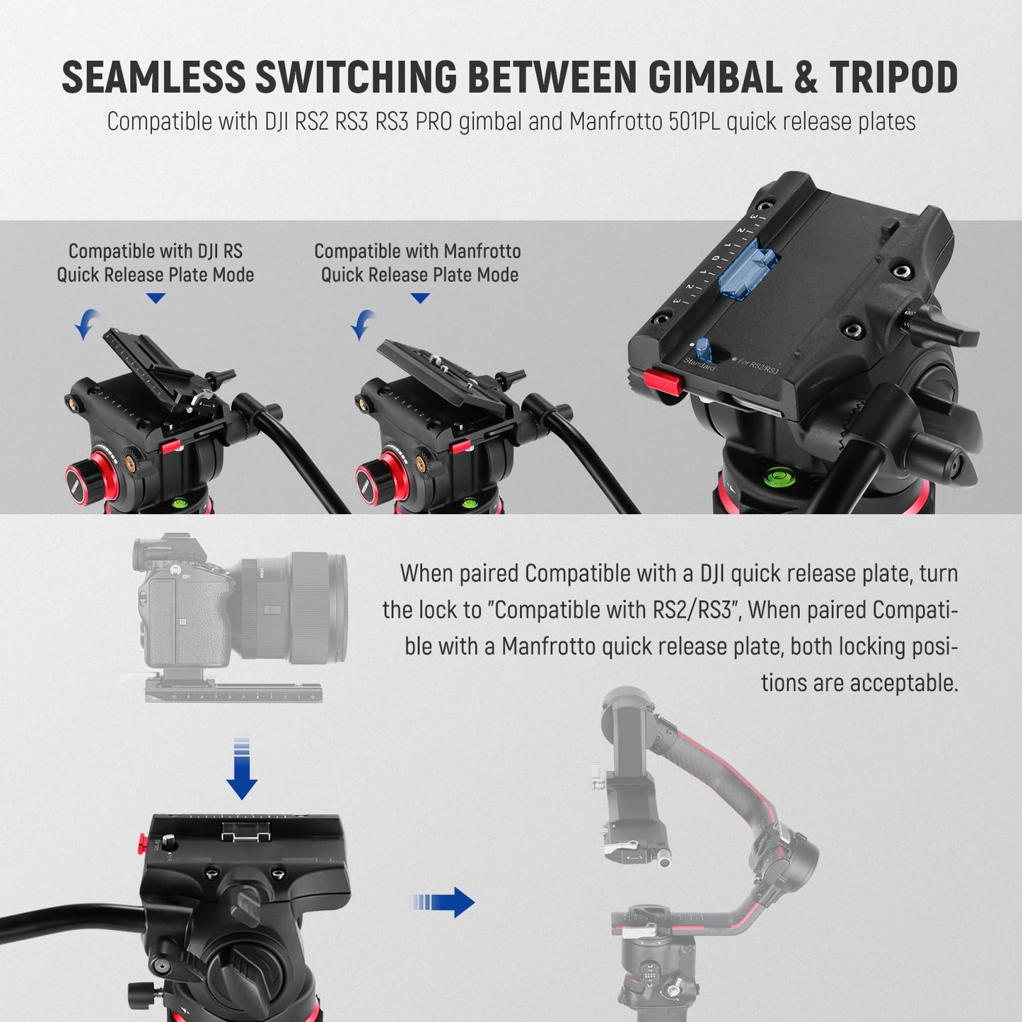 NEEWER Heavy Duty Video Tripod Fluid Head with Stepless Adjustable Pan/Tilt Damping, Quick Release Plate, Compatible with DJI RS Gimbals, Adjustable