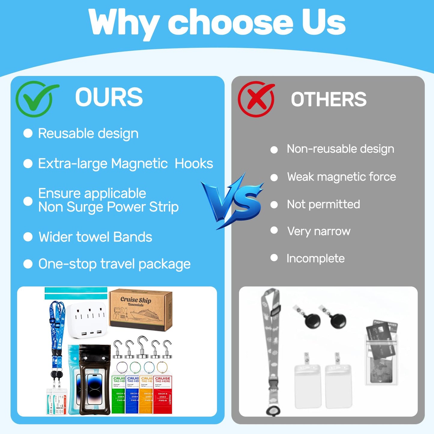 Cruise Essentials 2025 Kit – Must-Have Travel Set with Power Strip, Lanyard, Magnetic Hooks, Luggage Tags, Towel Bands & Waterproof Phone Holder