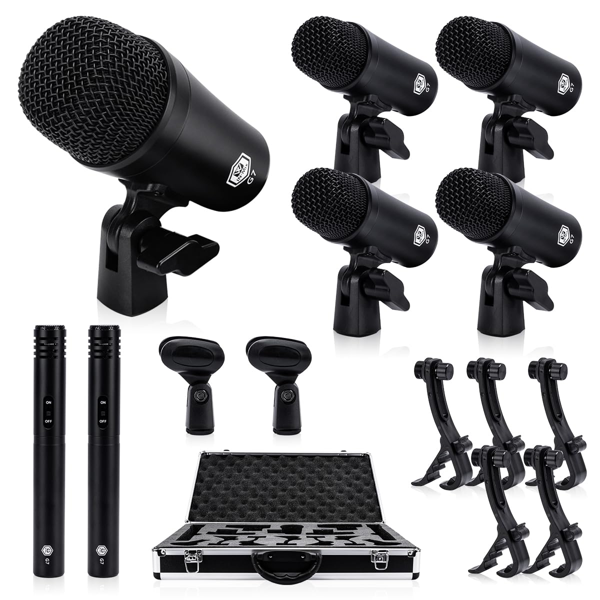 W IN-MIX G7 7-Piece Wired Dynamic Drum Mic Kit (Whole Metal)- Kick Bass, Tom/Snare & Cymbals Microphone Use for Drums, Vocal, Other Instrument