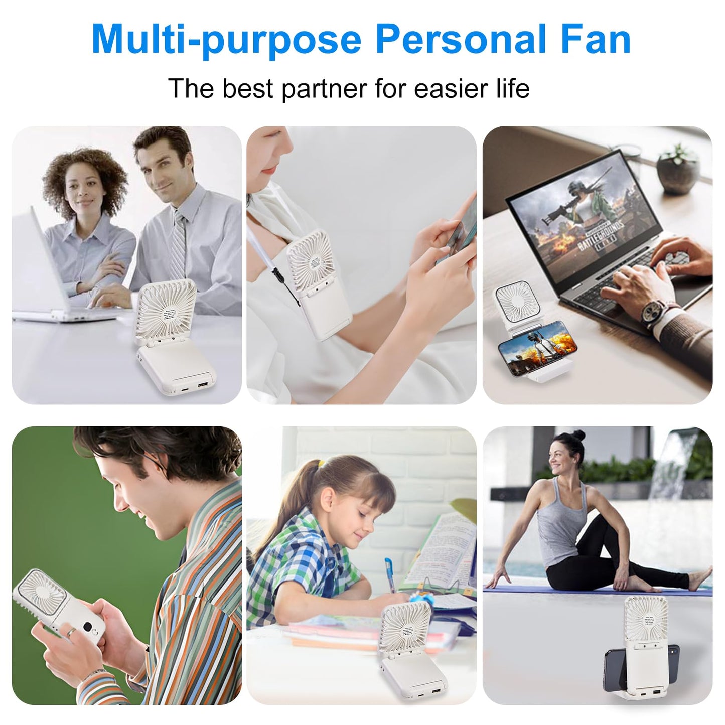 Portable Neck Fan with Mirror, Foldable Hands Free Personal Fan, USB Rechargeable Wearable Fan with Power Bank, Digital Display, Mini Desk Fan