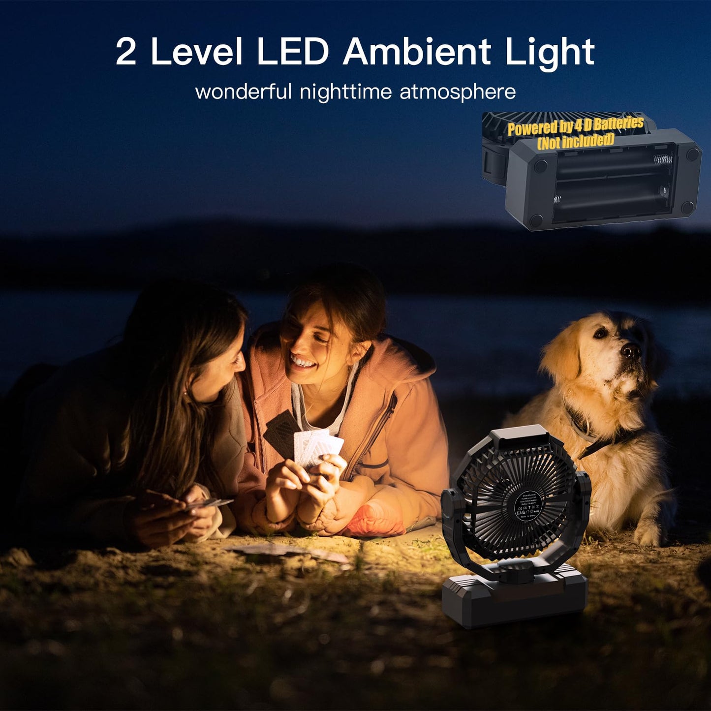 Wavmill Battery Operated Fan [200H Max], 2 IN 1 D-Cell Battery & USB Powered Fans, Portable Camping Fan with 4 Speeds, Light, Timer, Remote