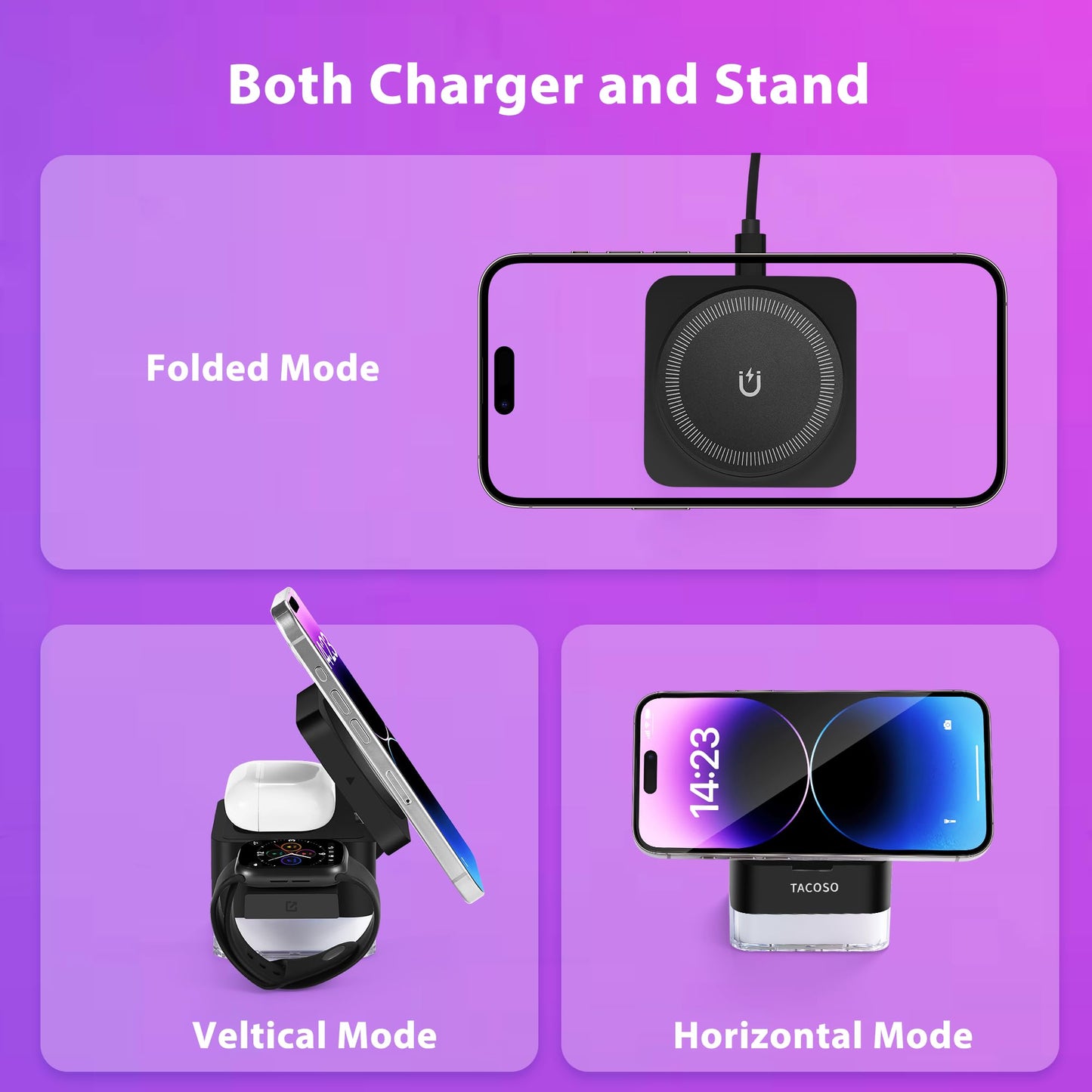 TACOSO Wireless-Charger 3 in 1 Apple-Charging-Station-Cube Nightlight Lamp 15W Magnetic Charger Stand Foldable Charging Dock for iPhone