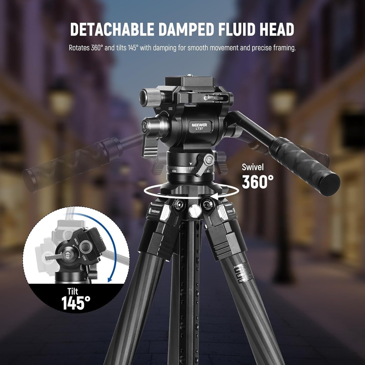 NEEWER 60.4" Travel Tripod Carbon Fiber with Detachable Damped Fluid Head, Lightweight Video Camera Stand with Metal Quick Flip Buckle, Arca Type QR