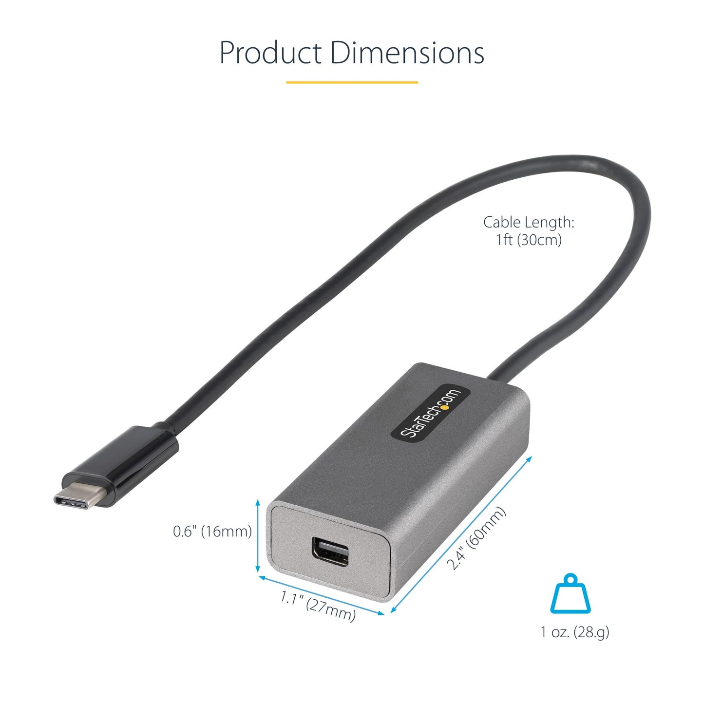 StarTech.com USB C to Mini DisplayPort Adapter, 4K 60Hz USB Type C to mDP/Mini DP Monitor Video Converter Dongle, Thunderbolt 3 Compatible, 12"