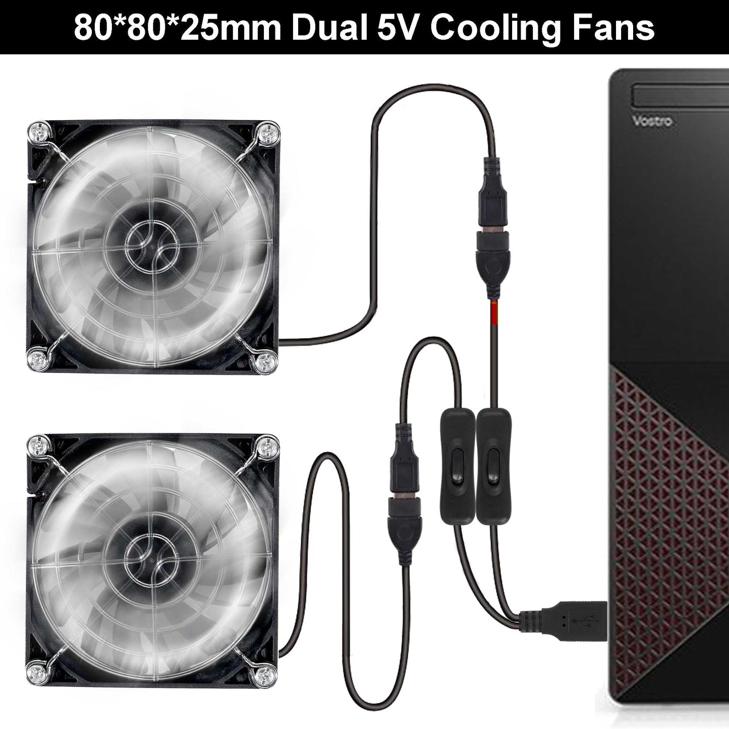 ALAMSCN 2pcs Quiet 80mm USB Fan 5V 8025 80x25mm Portable Cooling Fan with ON/Off Switch for PC Computer Case Receiver DVR PlayStation TV Box CPU