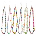 Taouzi 6 Pcs Beaded Phone Charms Strap Faux Pearl Face Fruit Star Rainbow Beaded Phone Lanyard Wrist Strap Beaded Lanyard for Phone Camera Key Wallet