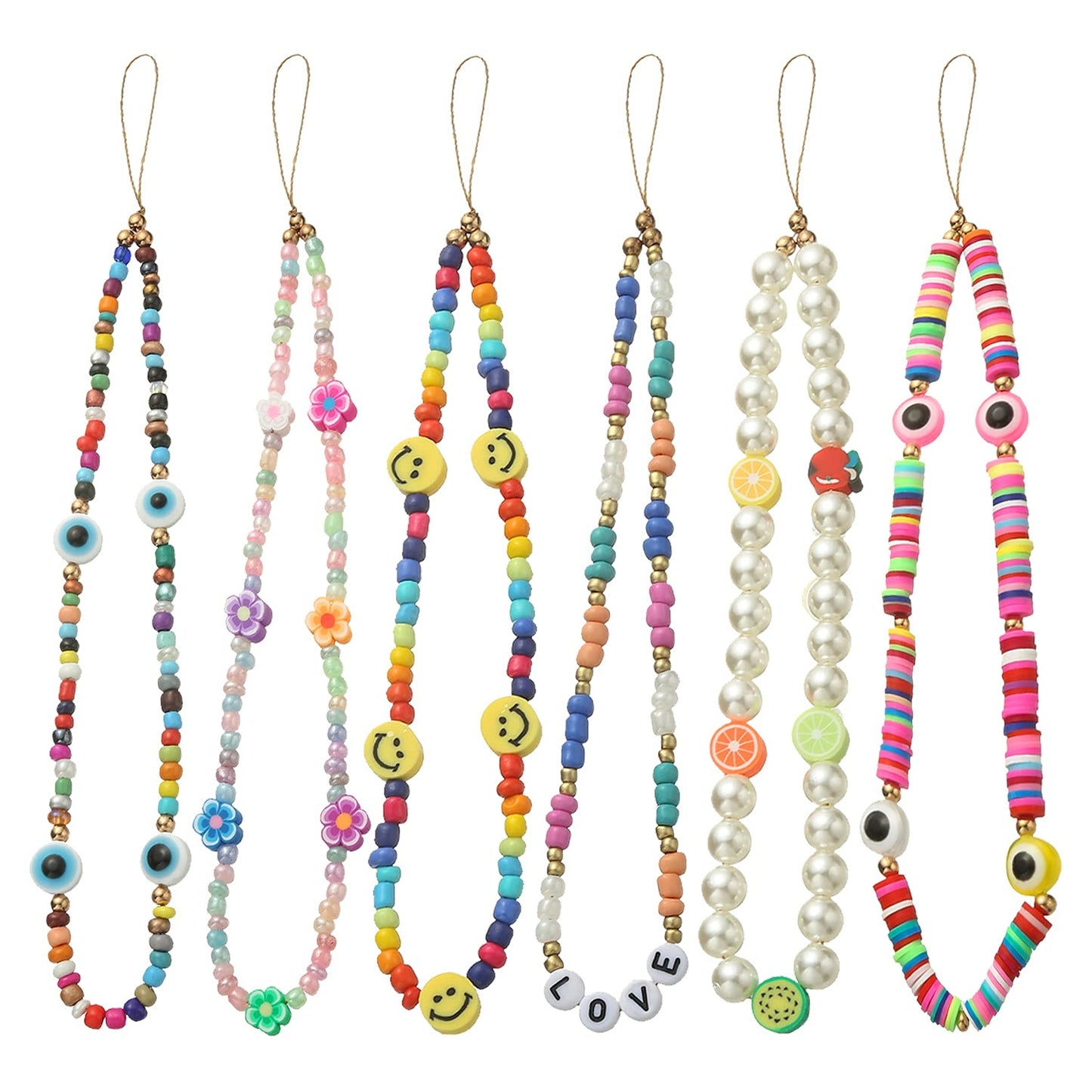 Taouzi 6 Pcs Beaded Phone Charms Strap Faux Pearl Face Fruit Star Rainbow Beaded Phone Lanyard Wrist Strap Beaded Lanyard for Phone Camera Key Wallet