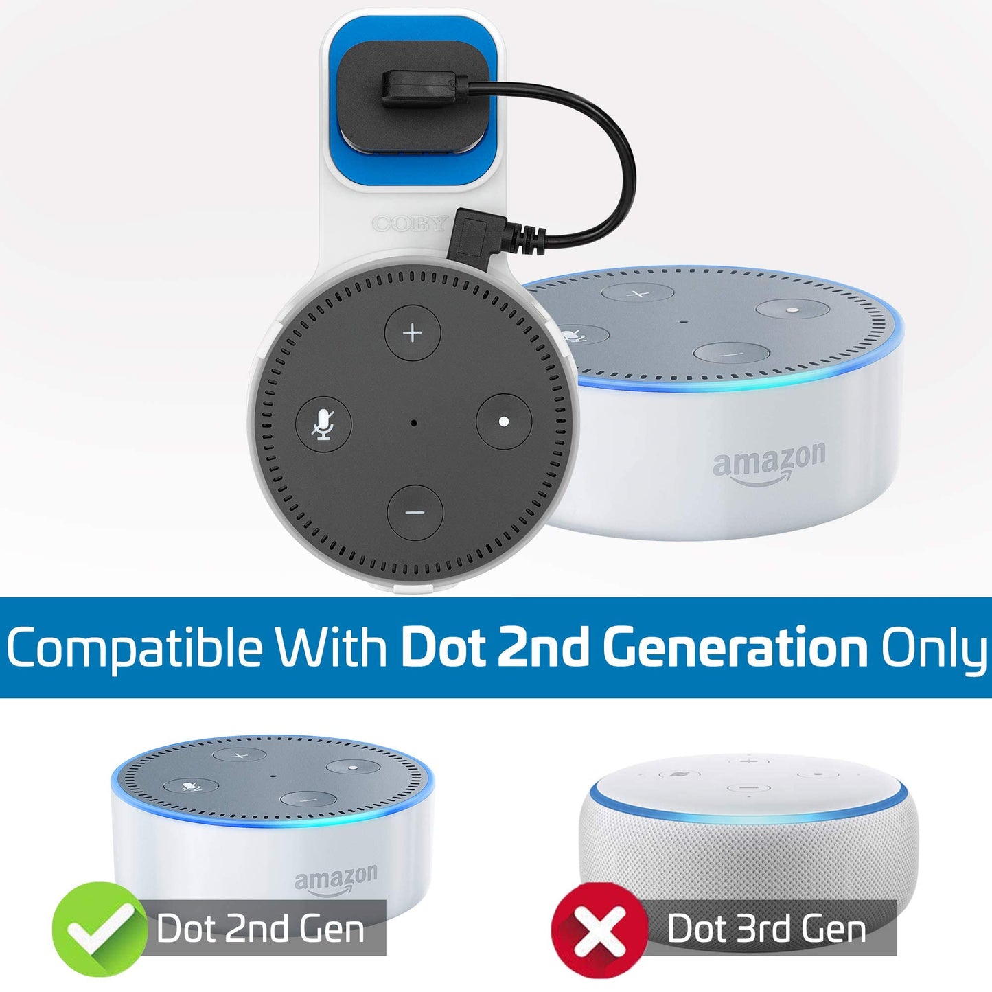 Coby Echo Dot Wall Mount 2nd Generation with Cable Management, Alexa Outlet Holder Stand with Charging Cable, Space Saving Smart Speaker Mount for